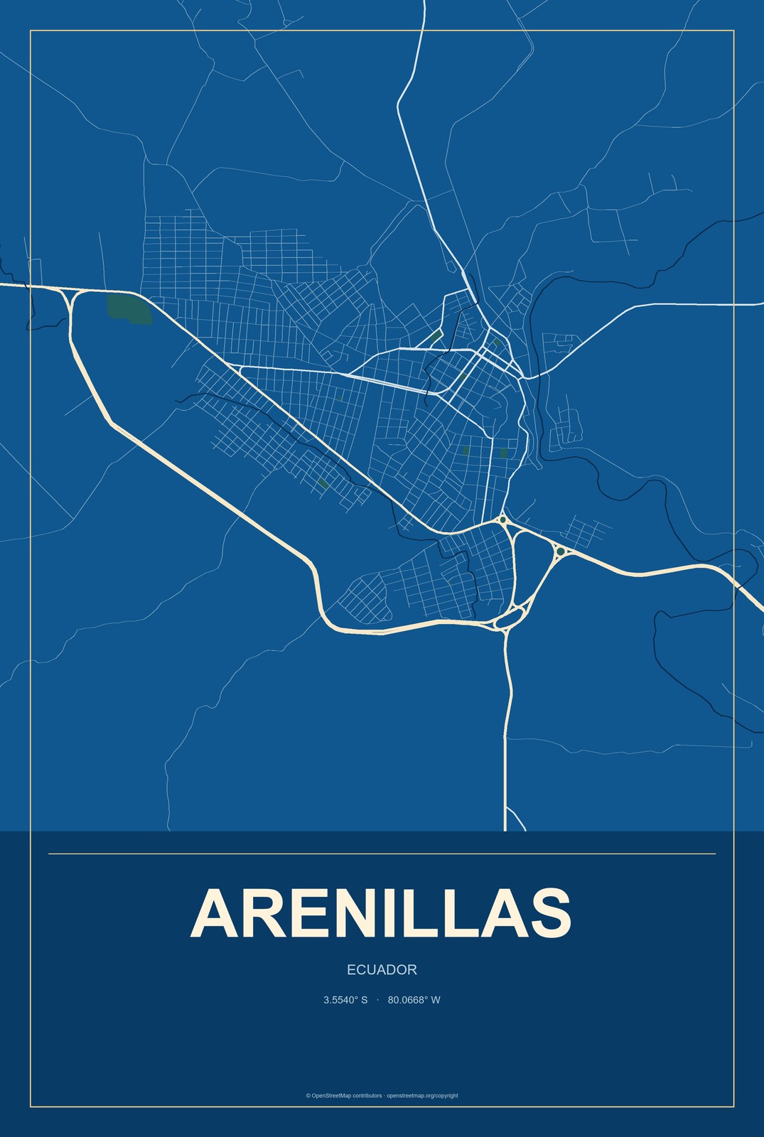 Arenillas, Ecuador City Map Aluminum Sign in Harbor Cobalt style