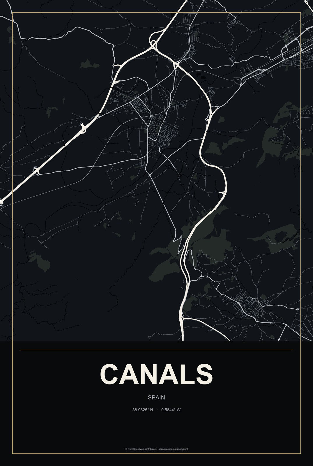 Canals, Spain City Map Aluminum Sign in Metropolitan Noir style
