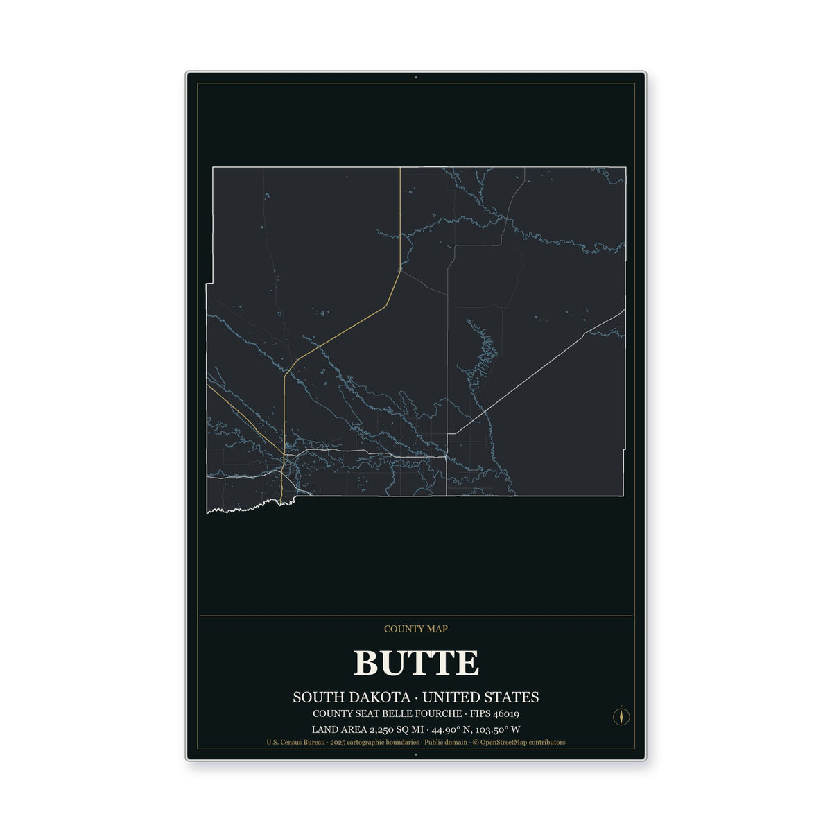 Butte County, South Dakota Map Aluminum Sign in Metropolitan Noir style
