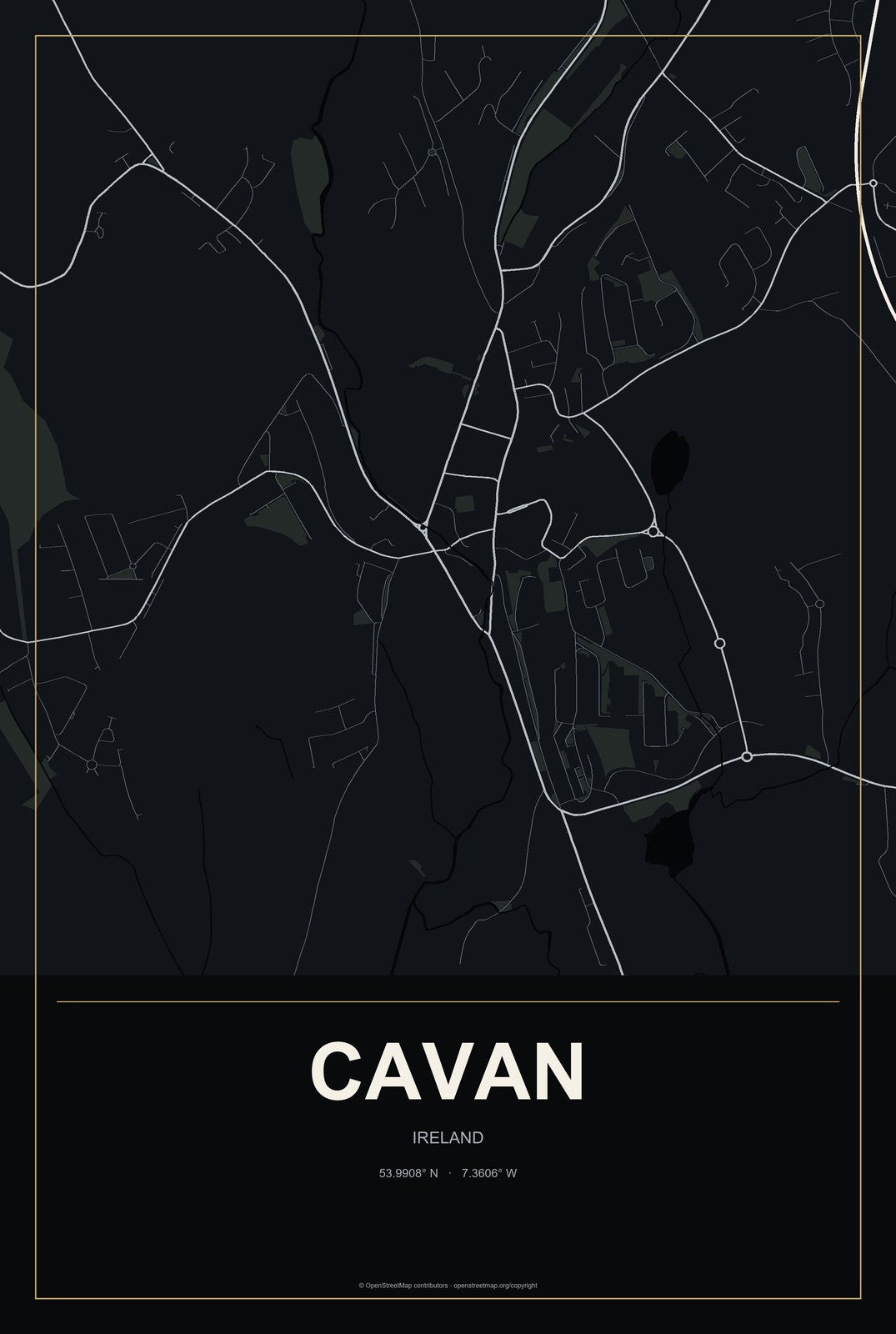 Cavan, Ireland City Map Aluminum Sign in Metropolitan Noir style