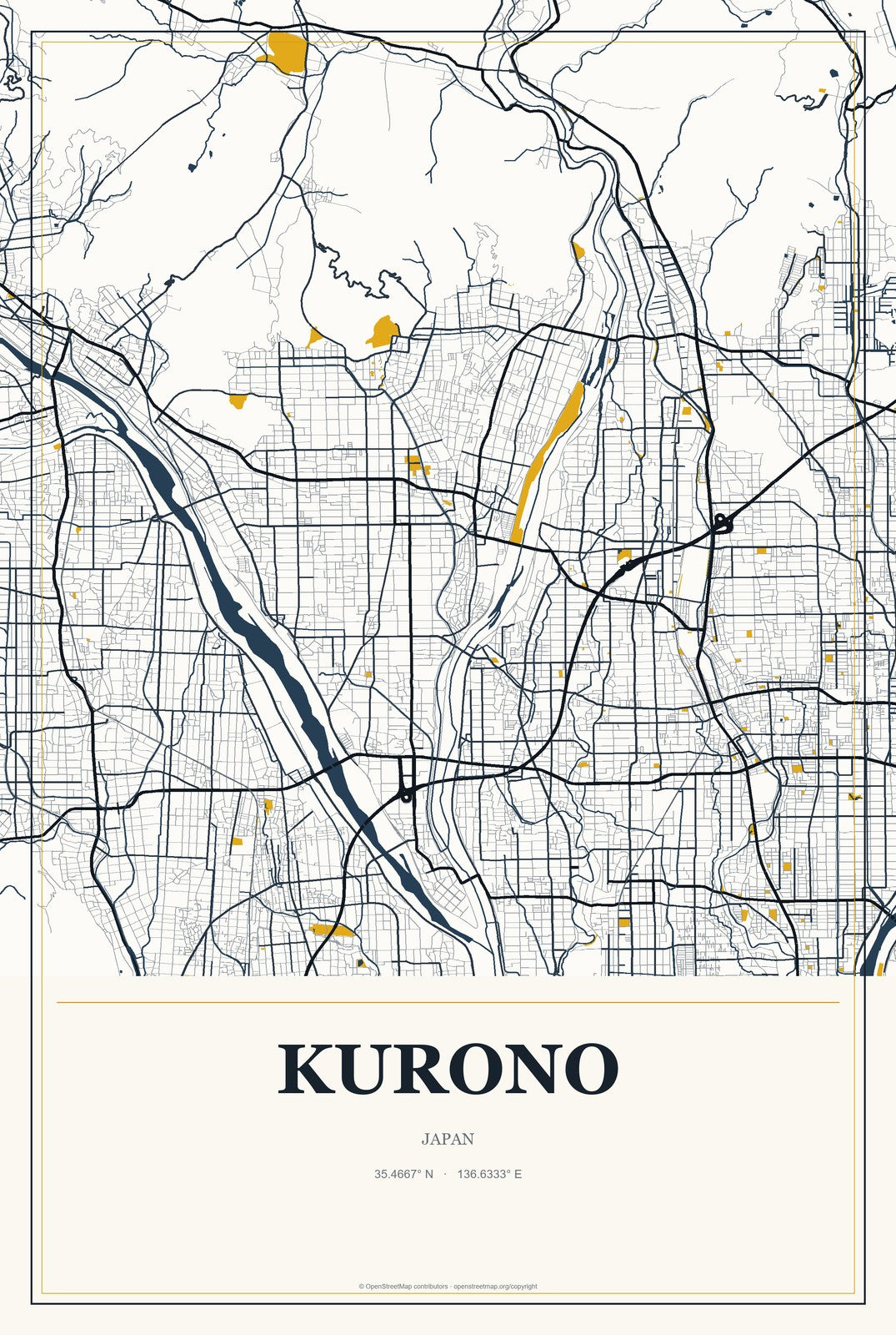 Kurono, Japan City Map Aluminum Sign in Citrine Modern style