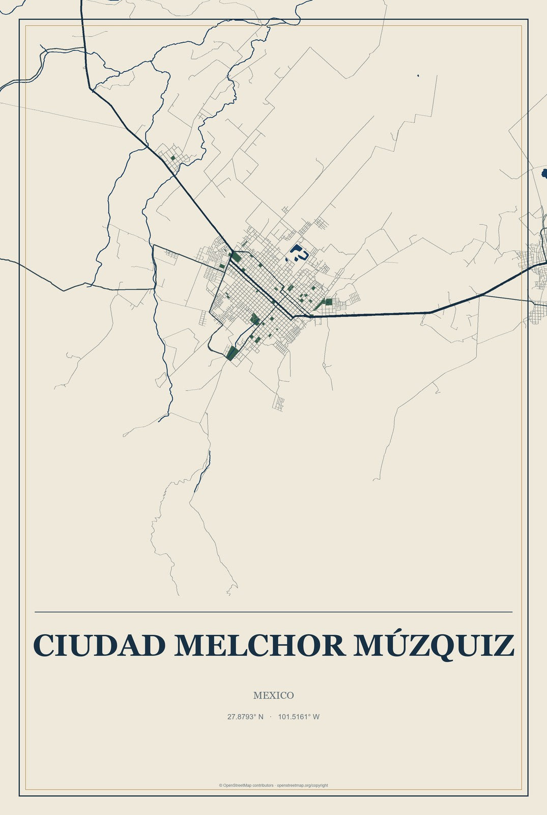 Ciudad Melchor Múzquiz, Mexico City Map Aluminum Sign in Coastal Cutout style
