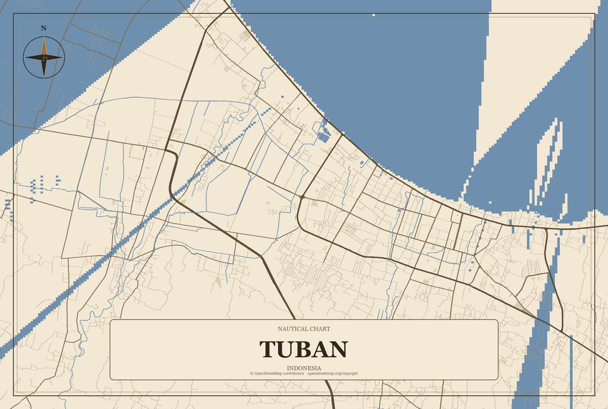 Tuban, Bali, Indonesia City Map Aluminum Sign in Heritage Nautical style