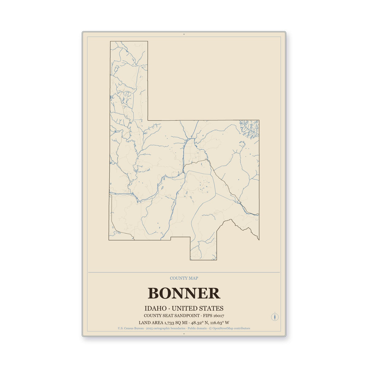 Bonner County, Idaho Map Aluminum Sign in Heritage Nautical style