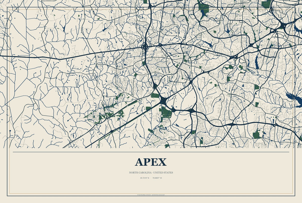 Apex, North Carolina City Map Aluminum Sign in Coastal Cutout style