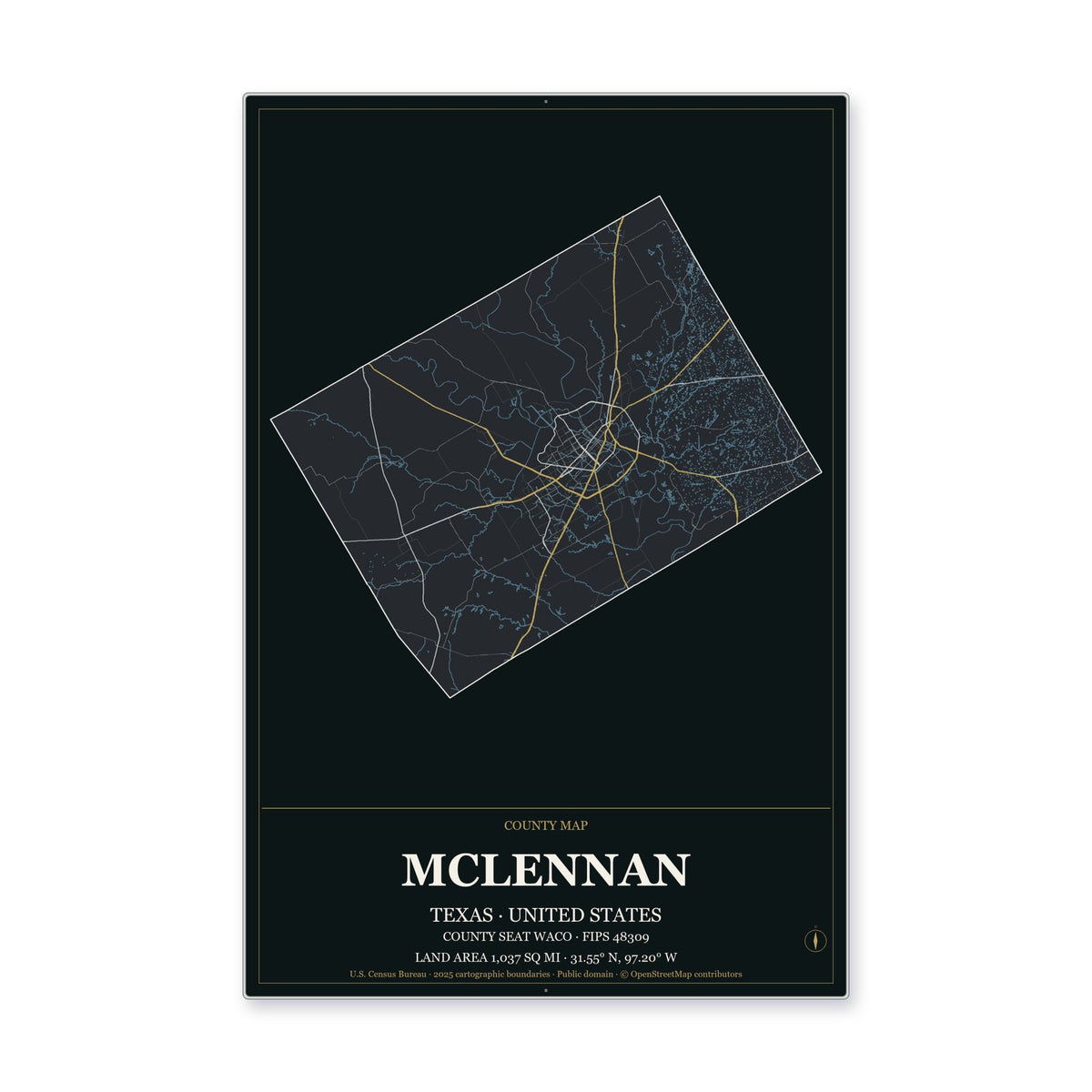 McLennan County, Texas Map Aluminum Sign in Metropolitan Noir style