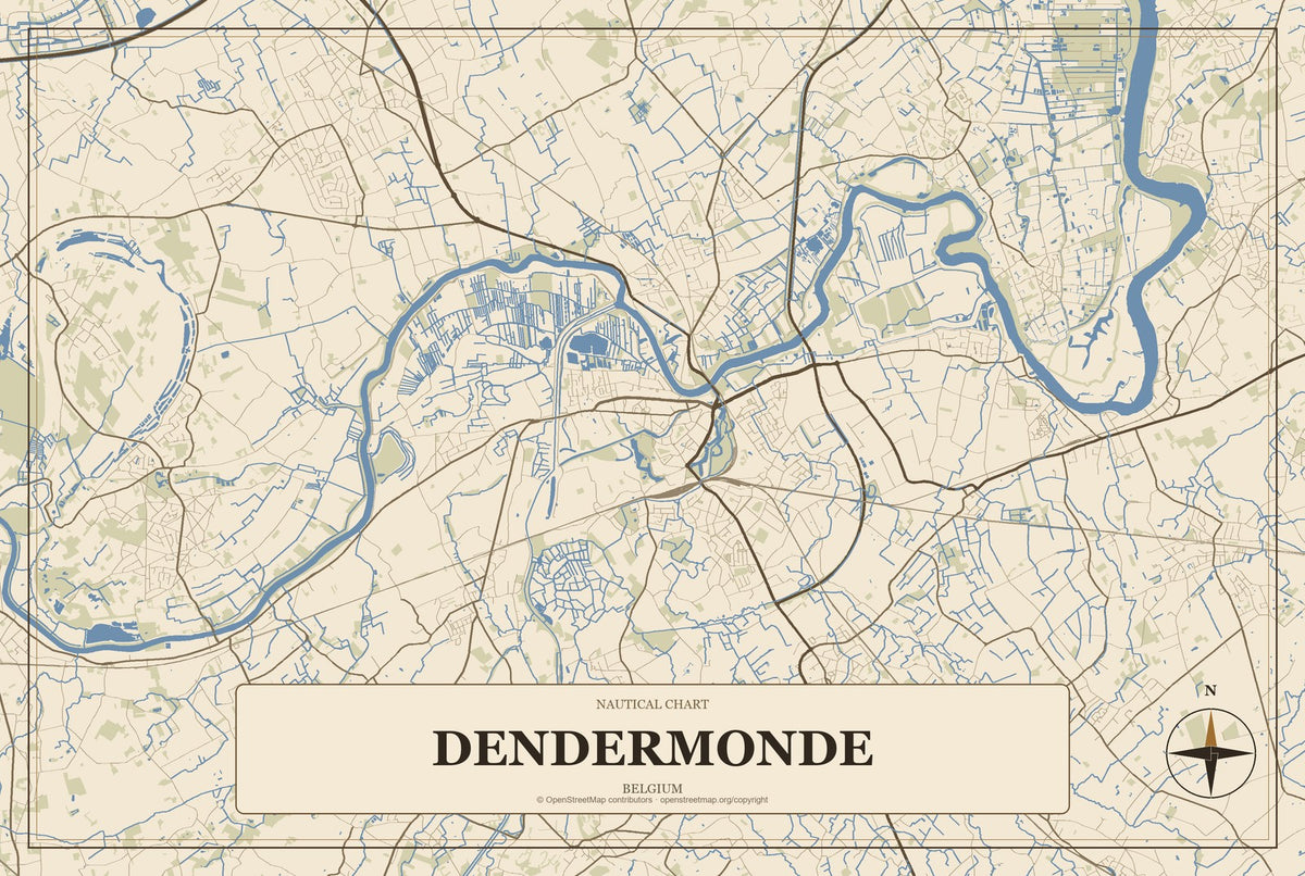 Dendermonde, Belgium City Map Aluminum Sign in Heritage Nautical style