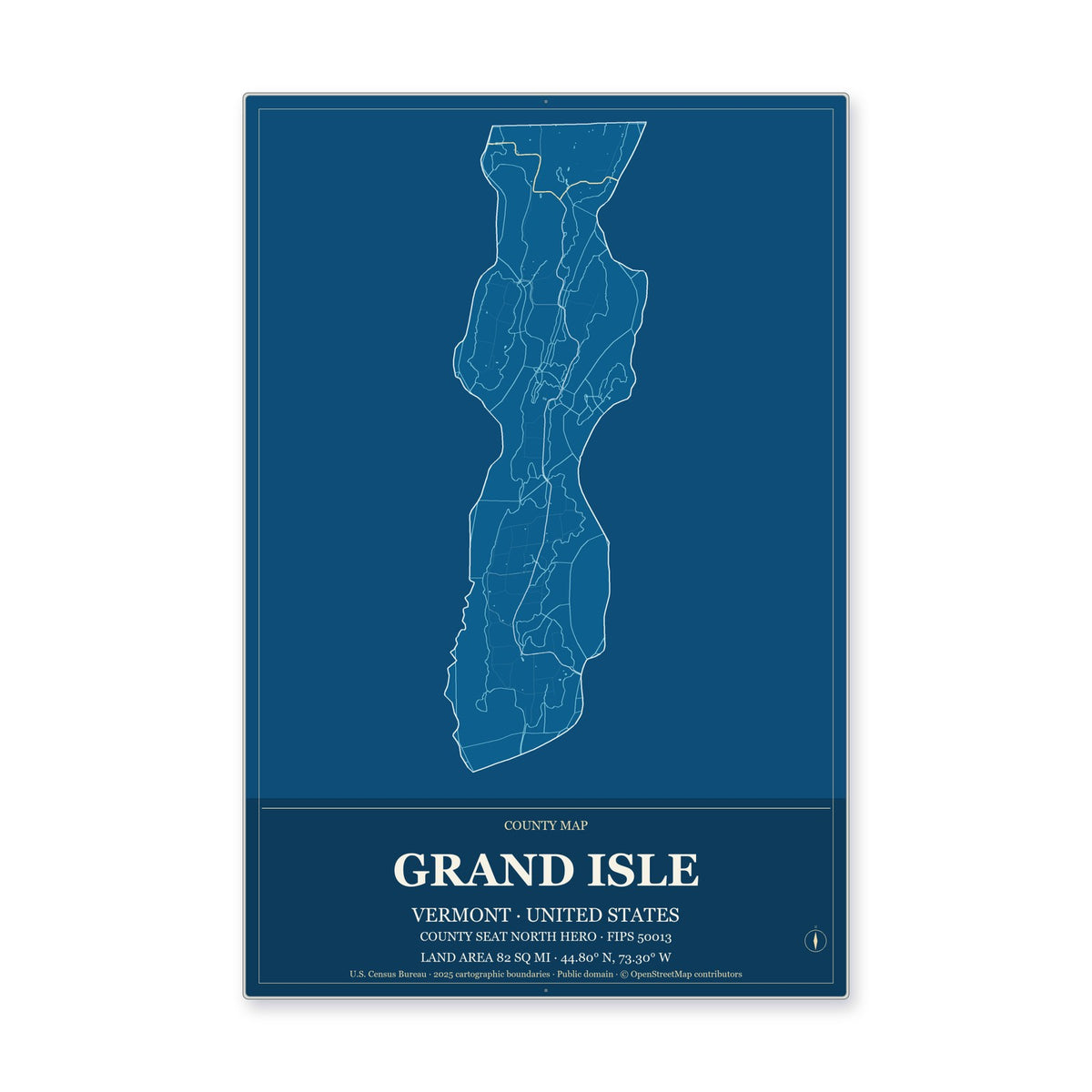 Grand Isle County, Vermont Map Aluminum Sign in Harbor Cobalt style