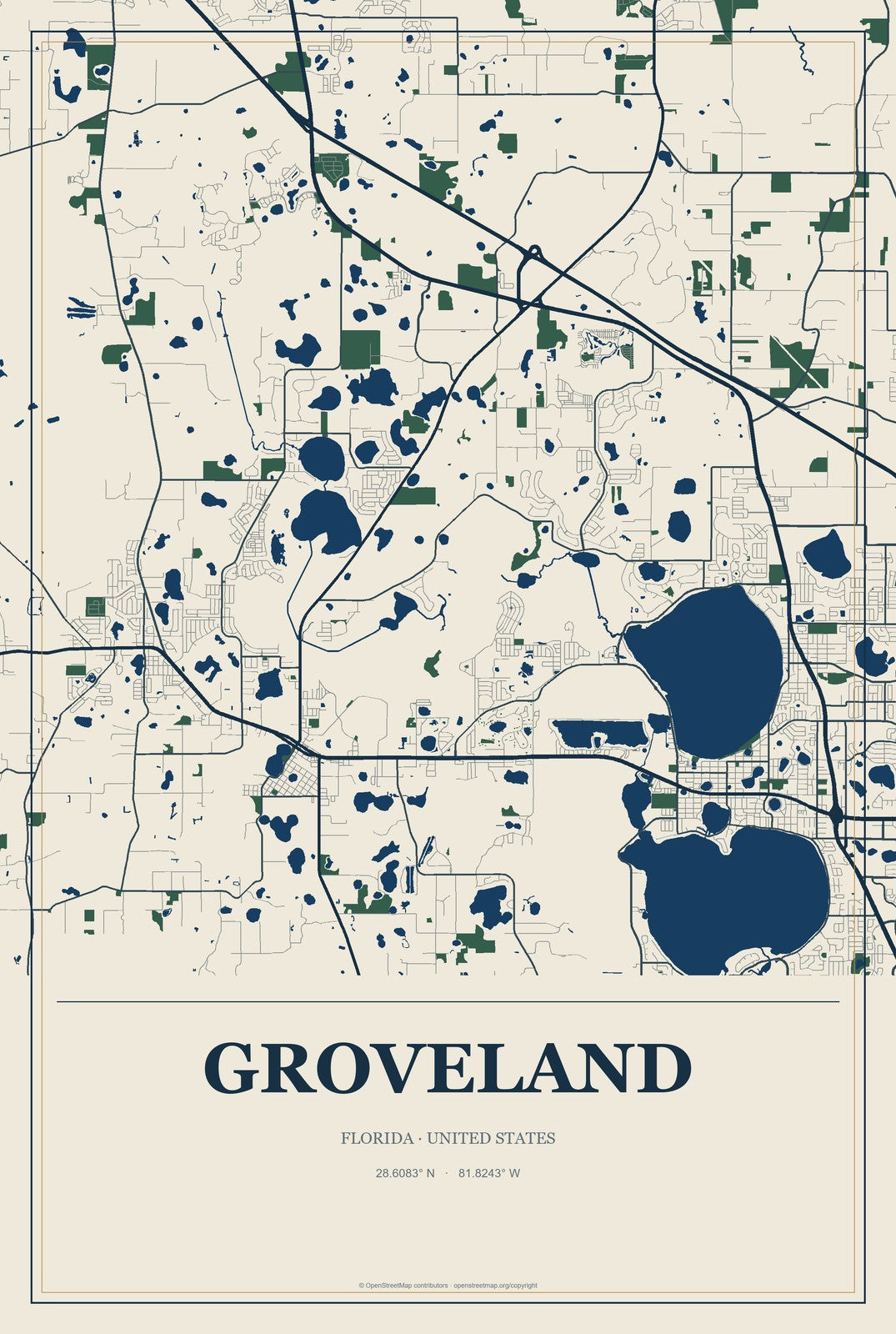 Groveland, Florida City Map Aluminum Sign in Coastal Cutout style
