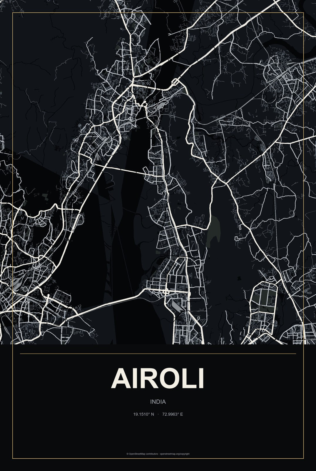 Airoli, India City Map Aluminum Sign in Metropolitan Noir style