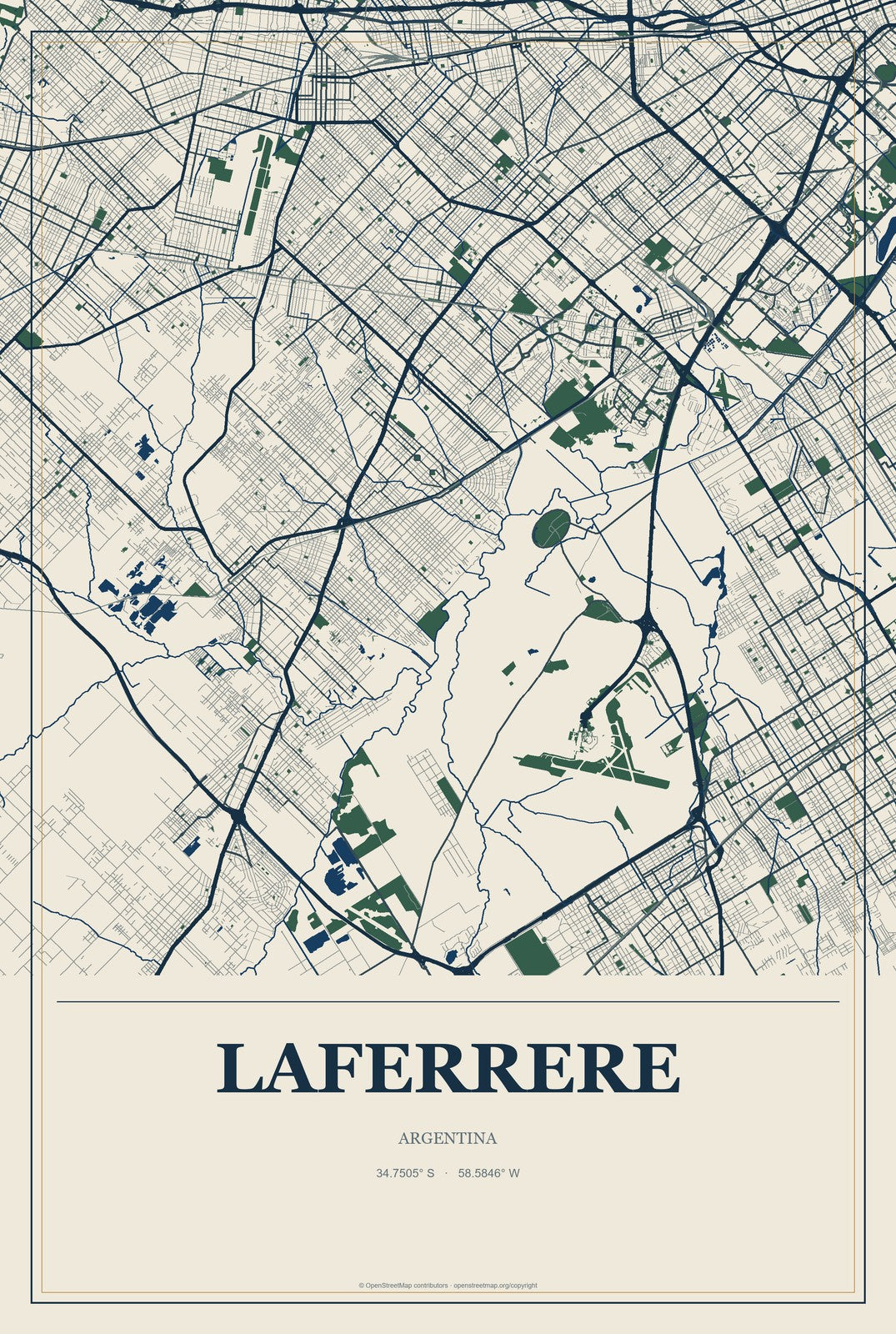 Laferrere, Argentina City Map Aluminum Sign in Coastal Cutout style