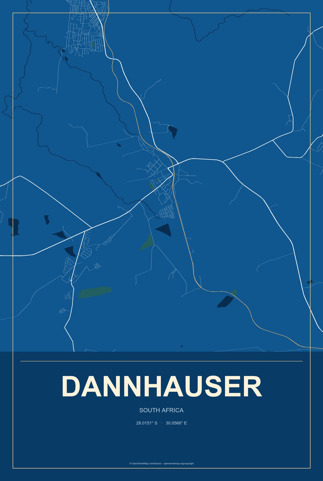 Dannhauser, South Africa City Map Aluminum Sign in Harbor Cobalt style