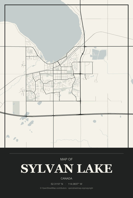 Sylvan Lake, Canada City Map Aluminum Sign in Museum Plaque style