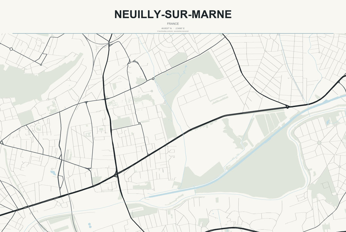 Neuilly-sur-Marne, France City Map Aluminum Sign in Headline Atlas style