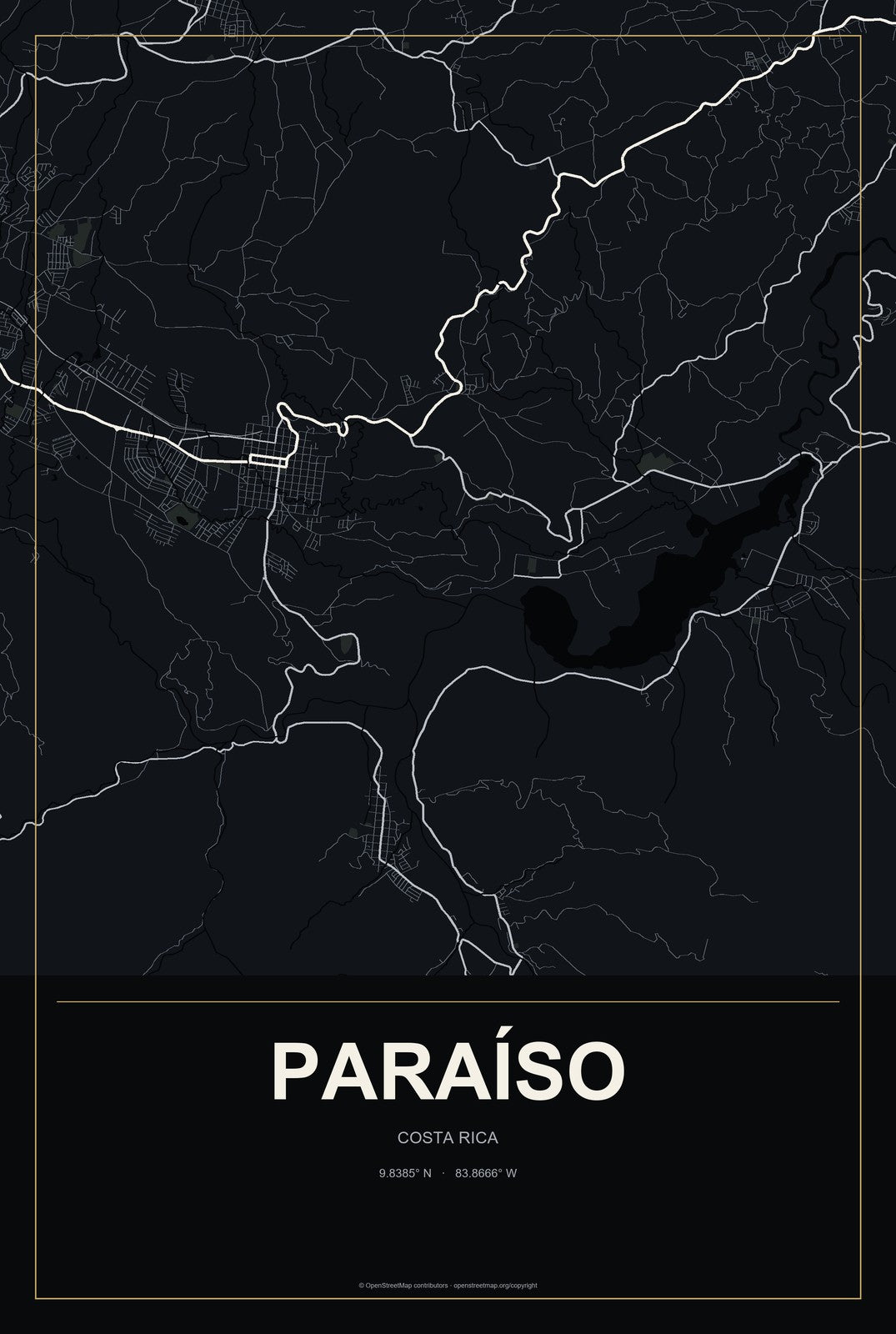 Paraíso, Costa Rica City Map Aluminum Sign in Metropolitan Noir style