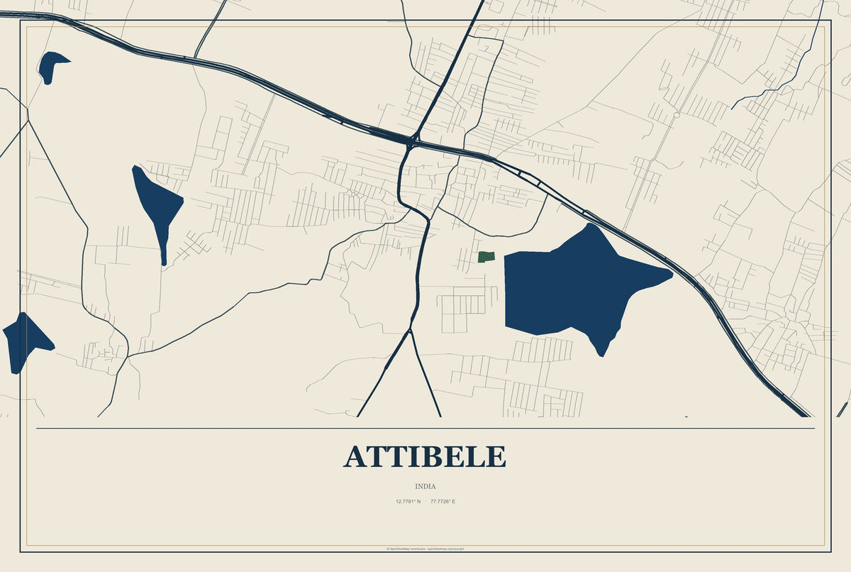 Attibele, India City Map Aluminum Sign in Coastal Cutout style
