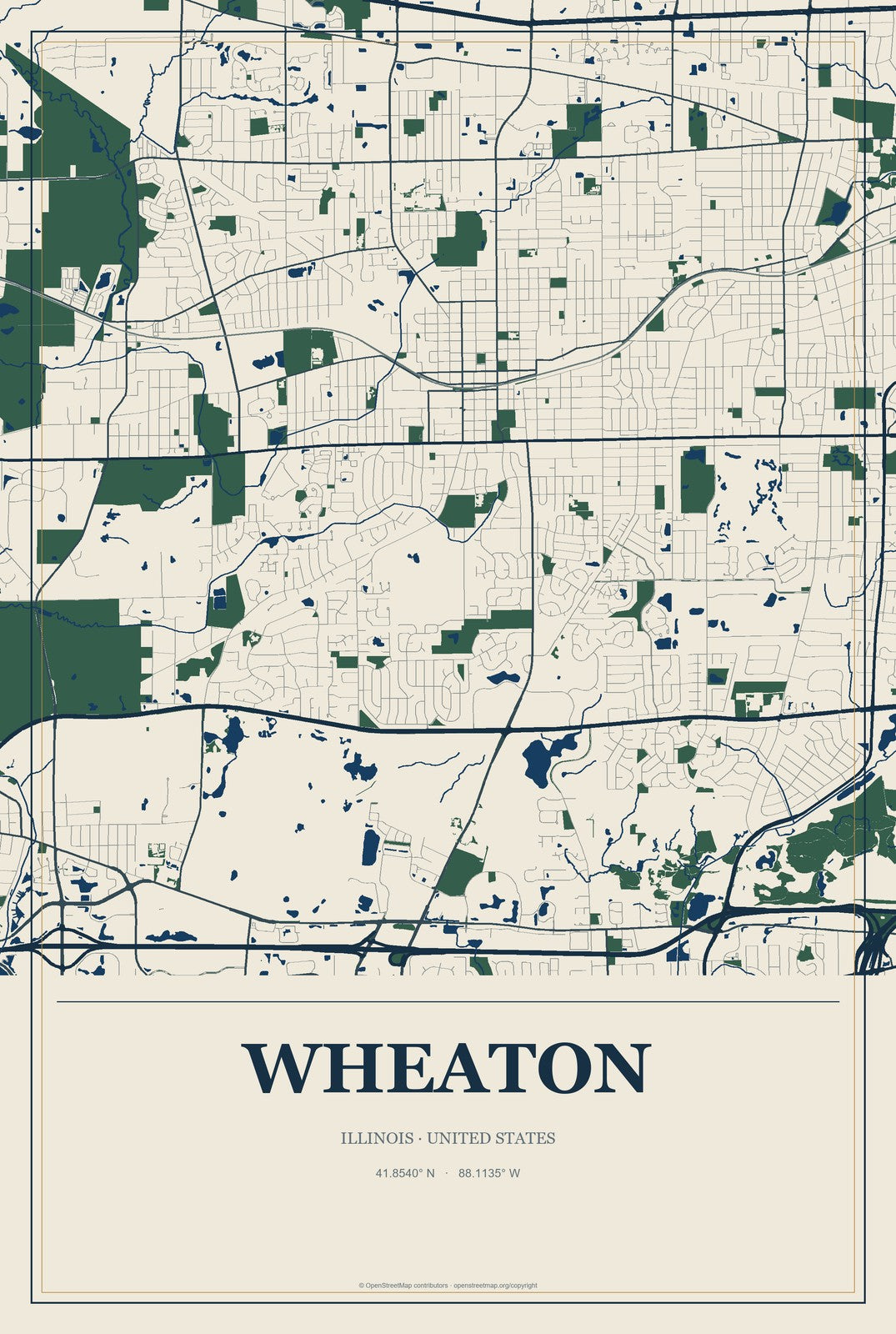 Wheaton, Illinois City Map Aluminum Sign in Coastal Cutout style