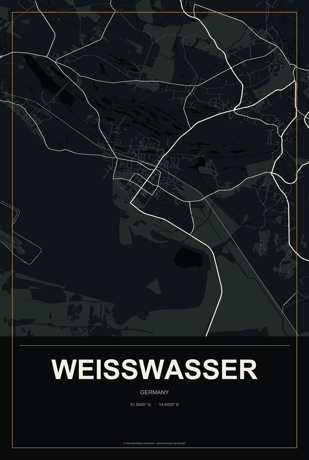 Weißwasser, Germany City Map Aluminum Sign in Metropolitan Noir style