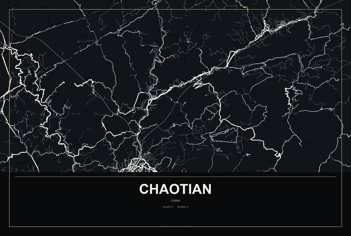 Chaotian, China City Map Aluminum Sign in Metropolitan Noir style