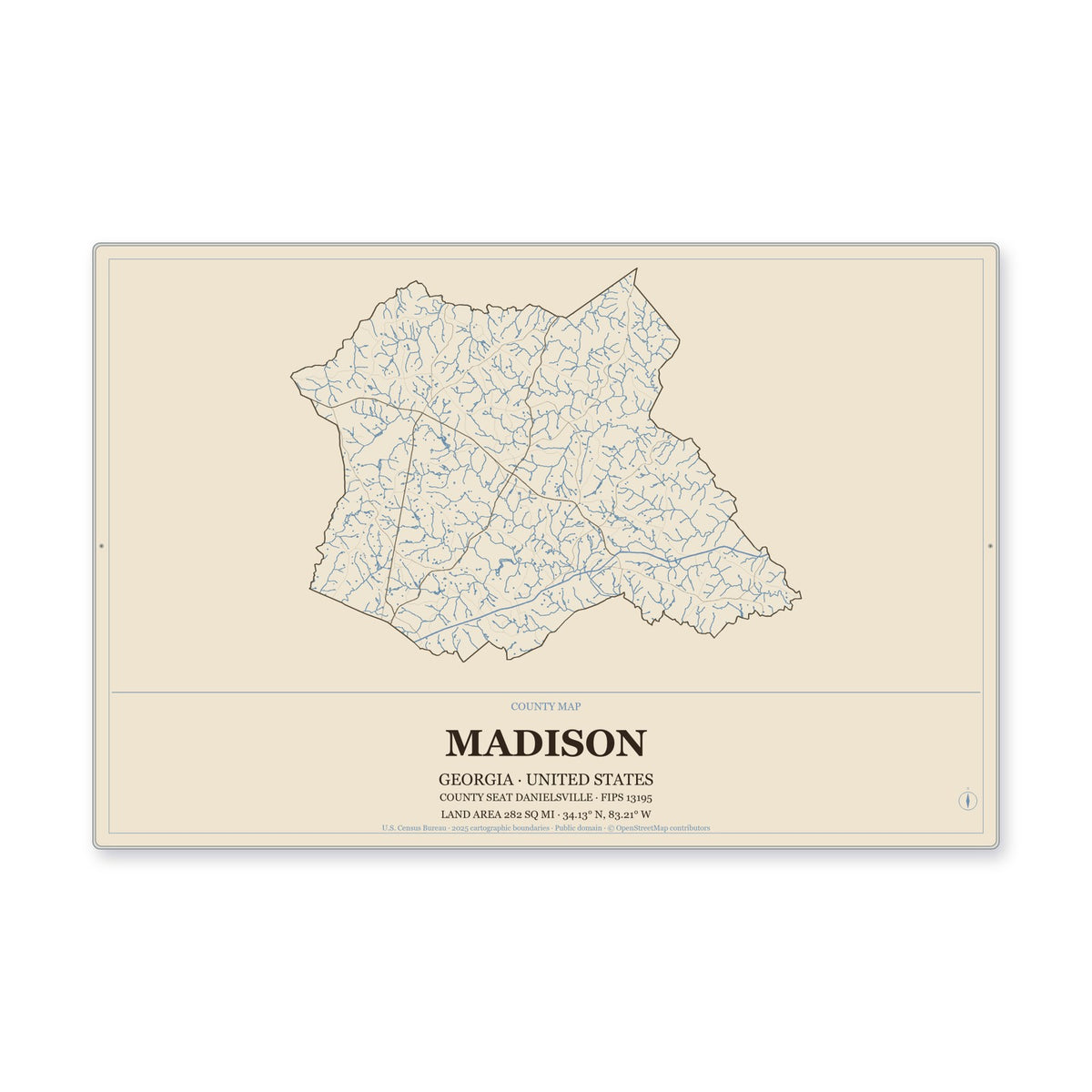 Madison County, Georgia Map Aluminum Sign in Heritage Nautical style