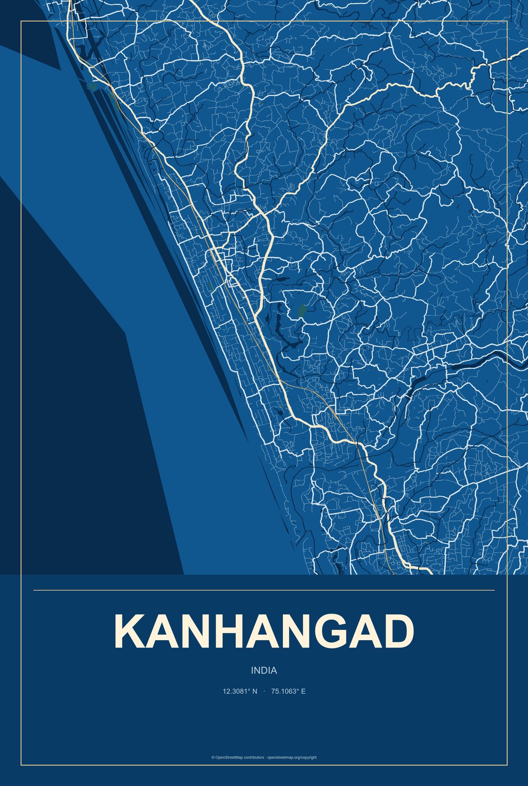 Kanhangad, India City Map Aluminum Sign in Harbor Cobalt style