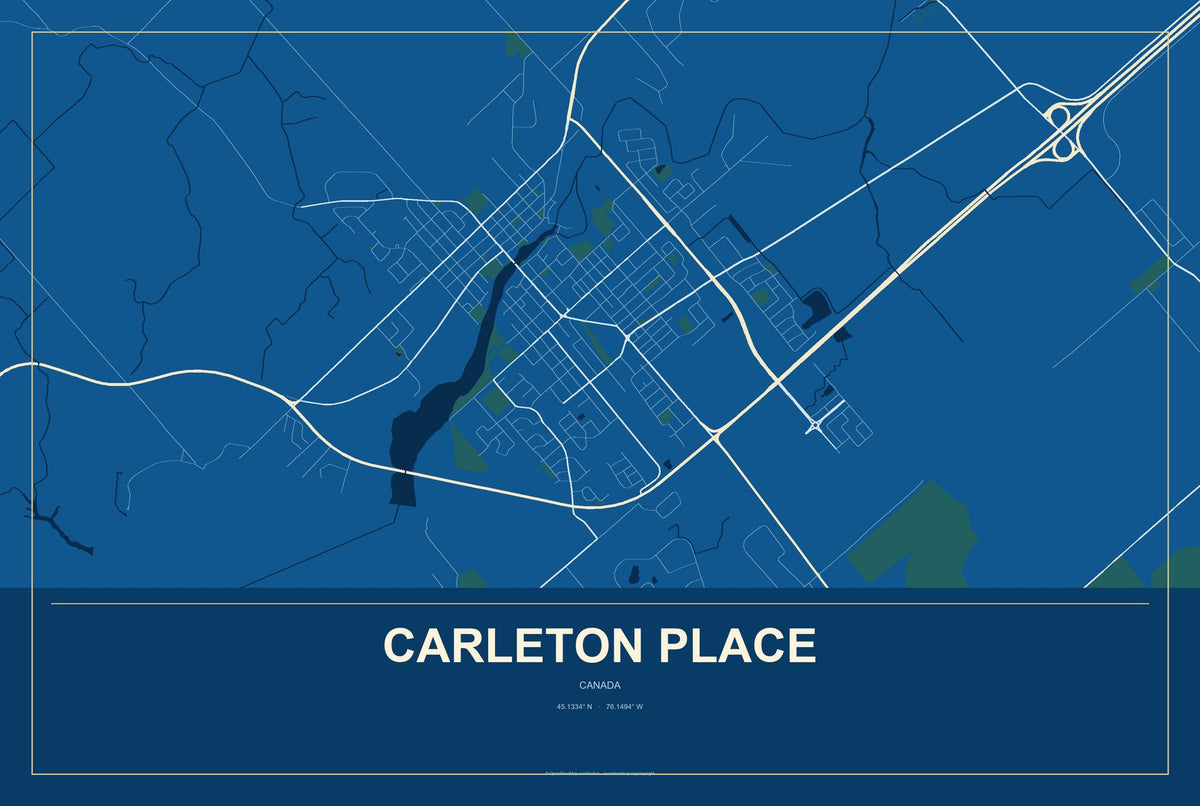 Carleton Place, Canada City Map Aluminum Sign in Harbor Cobalt style