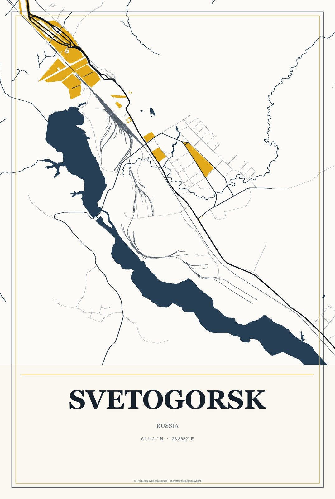 Svetogorsk, Russia City Map Aluminum Sign in Citrine Modern style