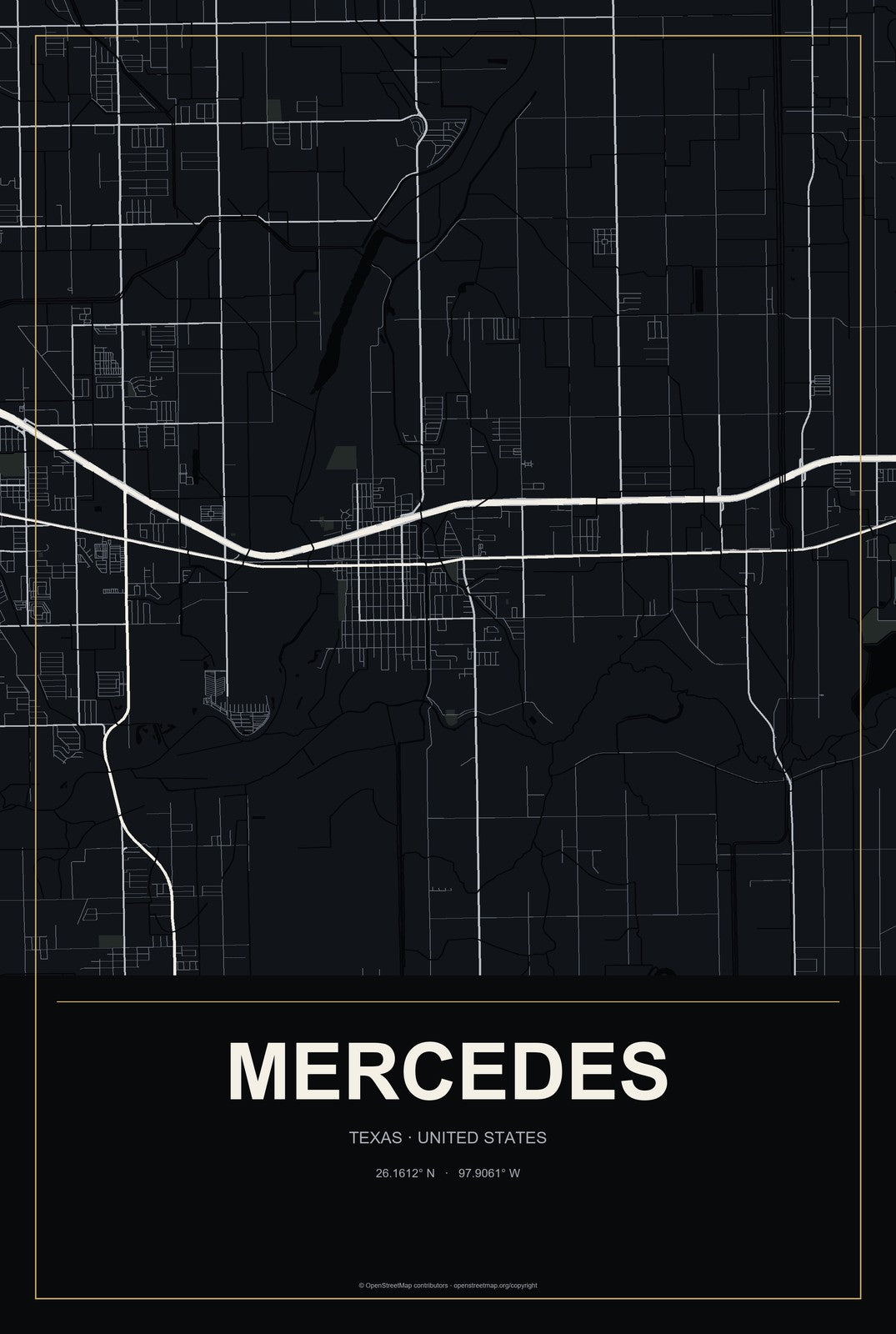 Mercedes, Texas City Map Aluminum Sign in Metropolitan Noir style