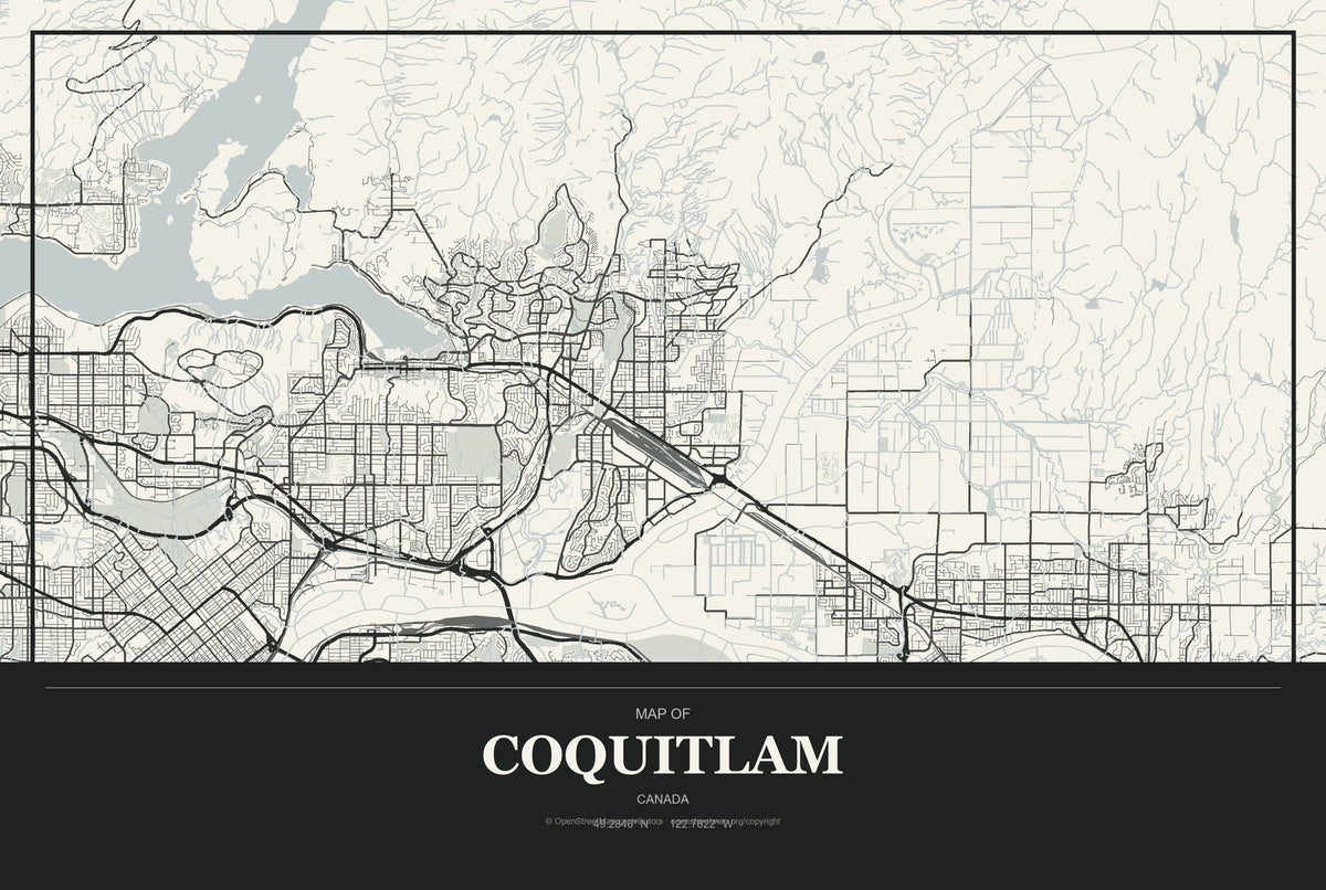 Coquitlam, Canada City Map Aluminum Sign in Museum Plaque style