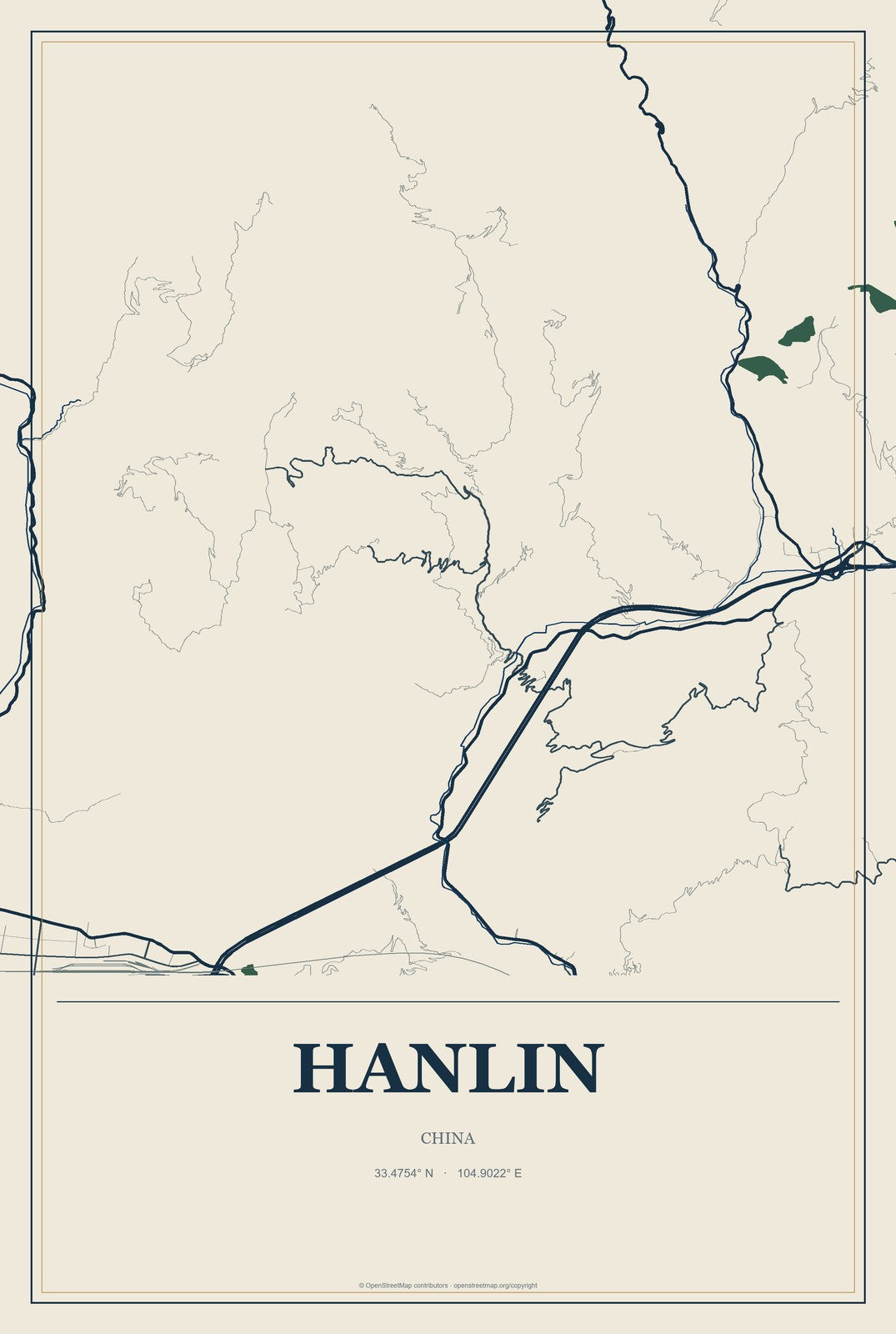 Hanlin, China City Map Aluminum Sign in Coastal Cutout style