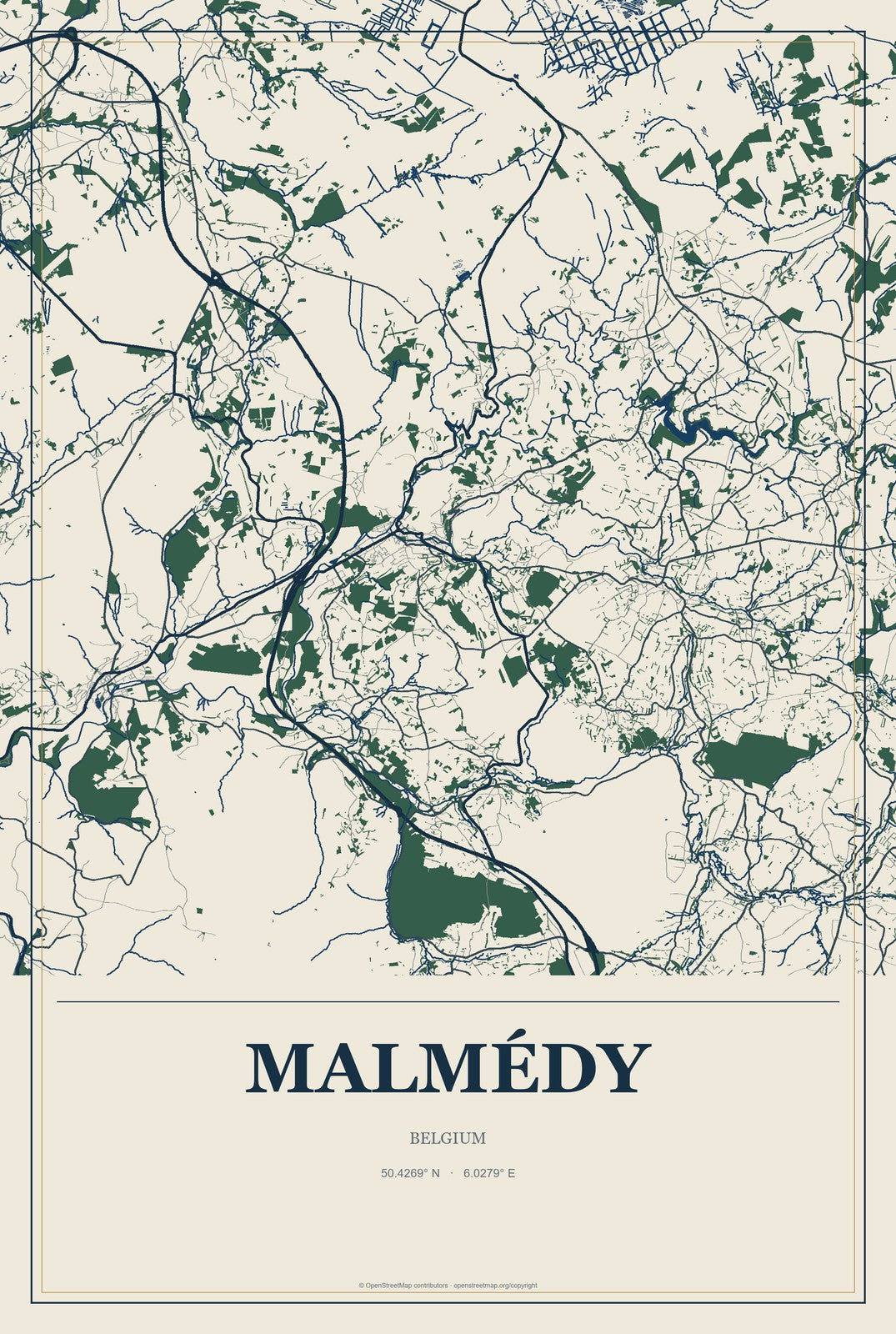 Malmédy, Belgium City Map Aluminum Sign in Coastal Cutout style