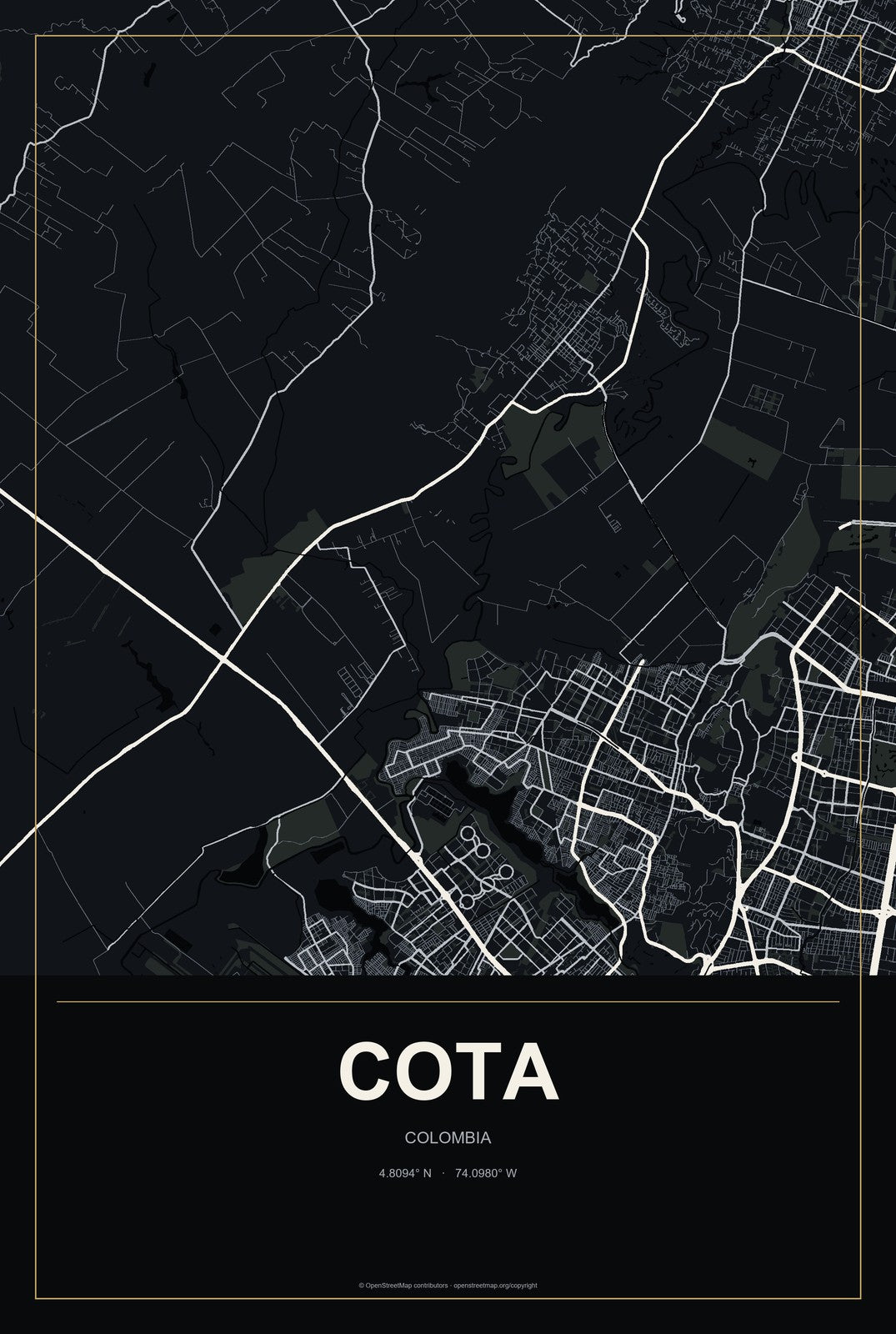 Cota, Colombia City Map Aluminum Sign in Metropolitan Noir style
