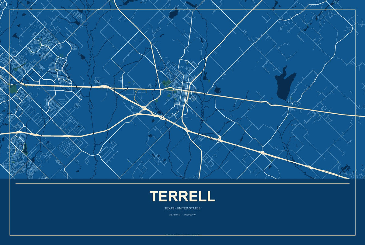 Terrell, Texas City Map Aluminum Sign in Harbor Cobalt style