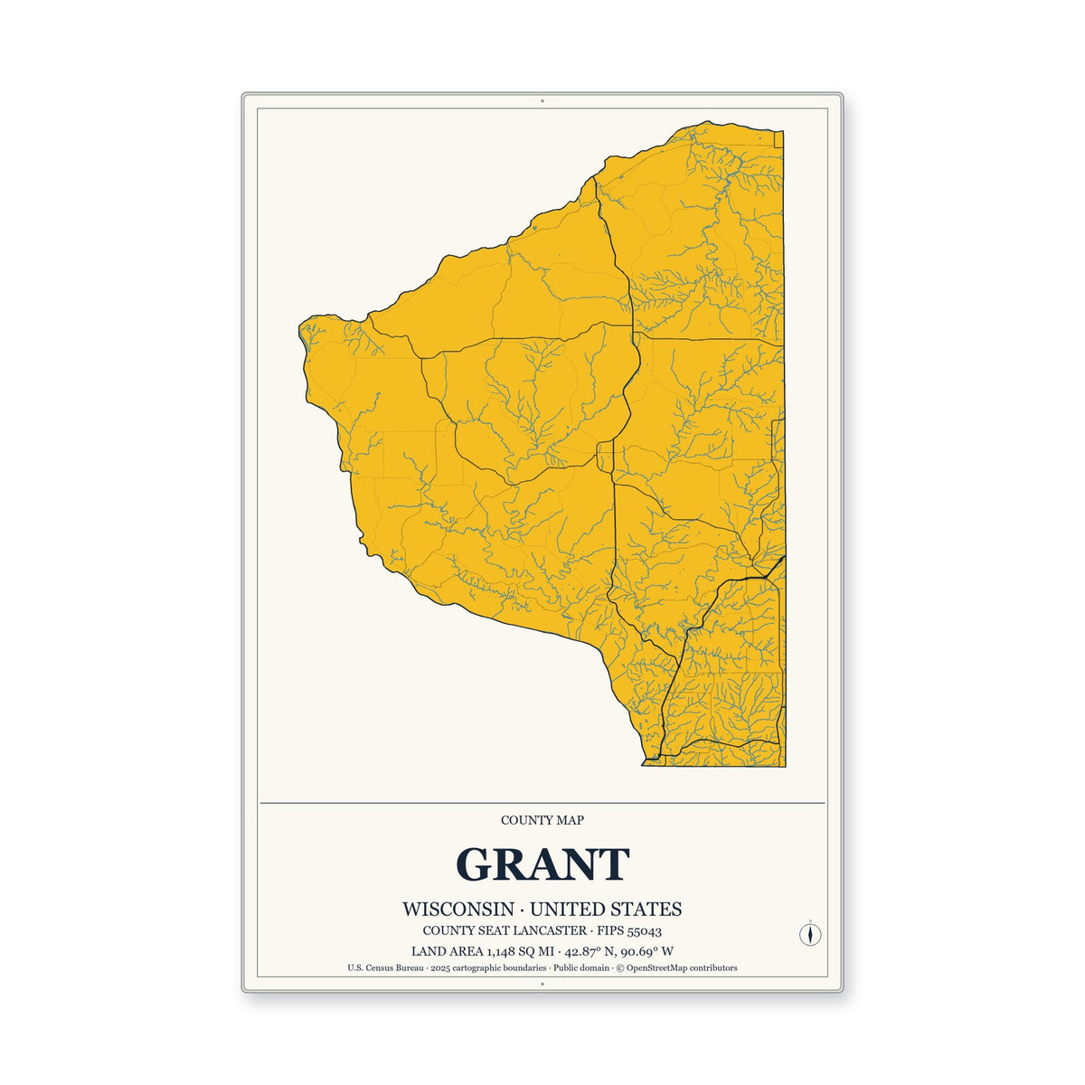 Grant County, Wisconsin Map Aluminum Sign in Citrine Modern style