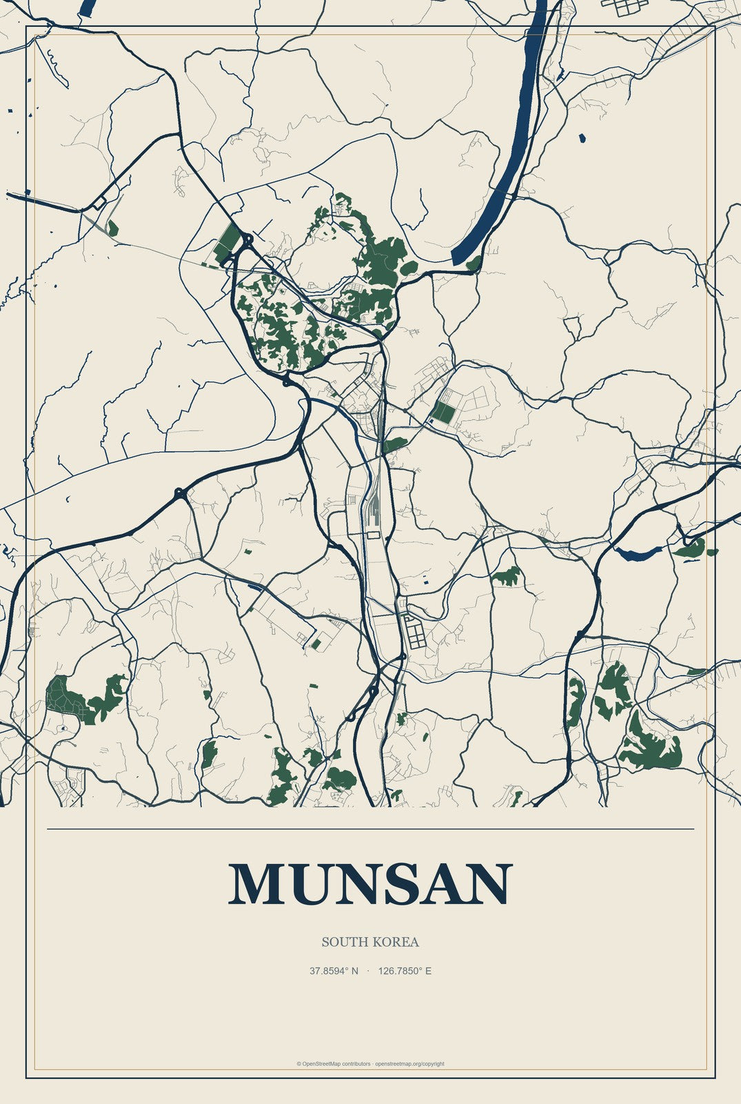 Munsan, South Korea City Map Aluminum Sign in Coastal Cutout style