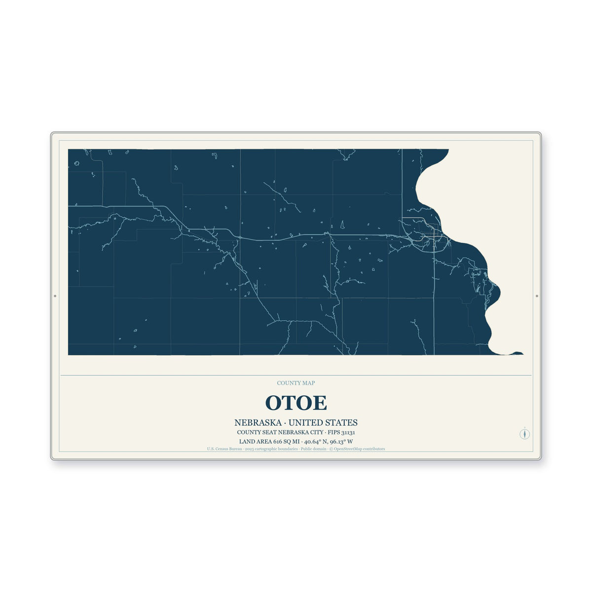 Otoe County, Nebraska Map Aluminum Sign in Coastal Cutout style