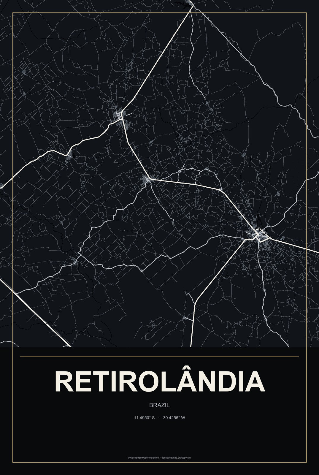 Retirolândia, Brazil City Map Aluminum Sign in Metropolitan Noir style