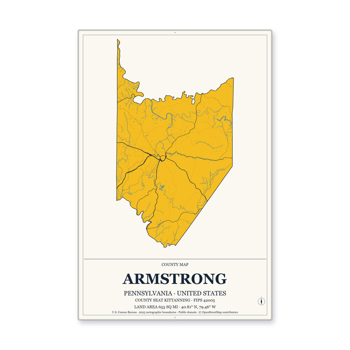 Armstrong County, Pennsylvania Map Aluminum Sign in Citrine Modern style