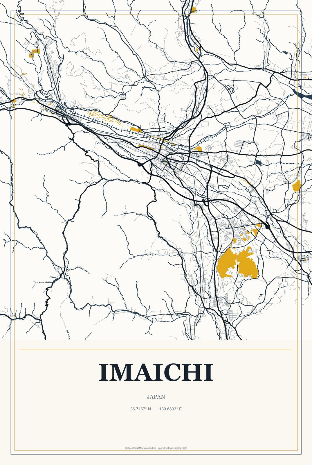 Imaichi, Japan City Map Aluminum Sign in Citrine Modern style