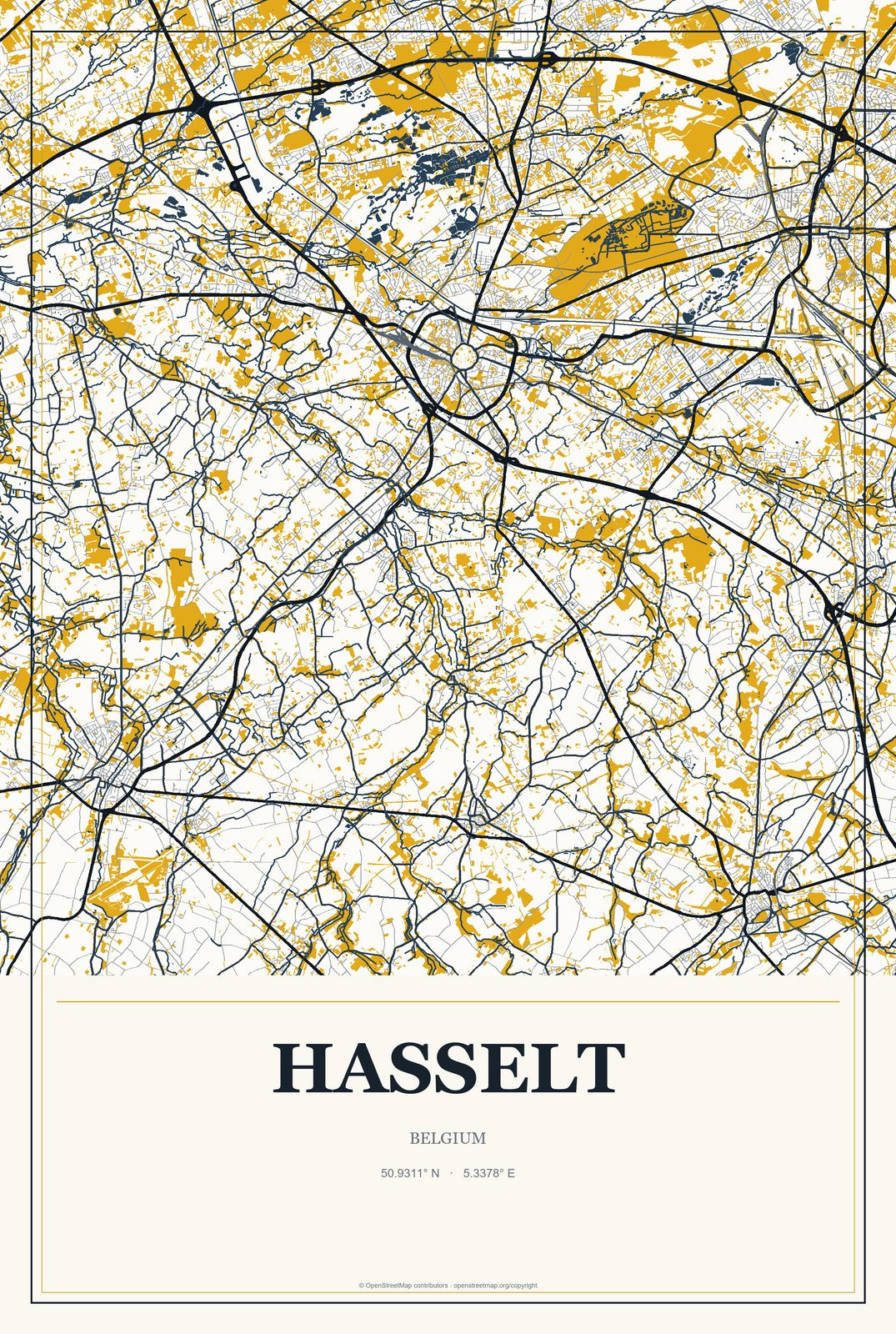 Hasselt, Belgium City Map Aluminum Sign in Citrine Modern style