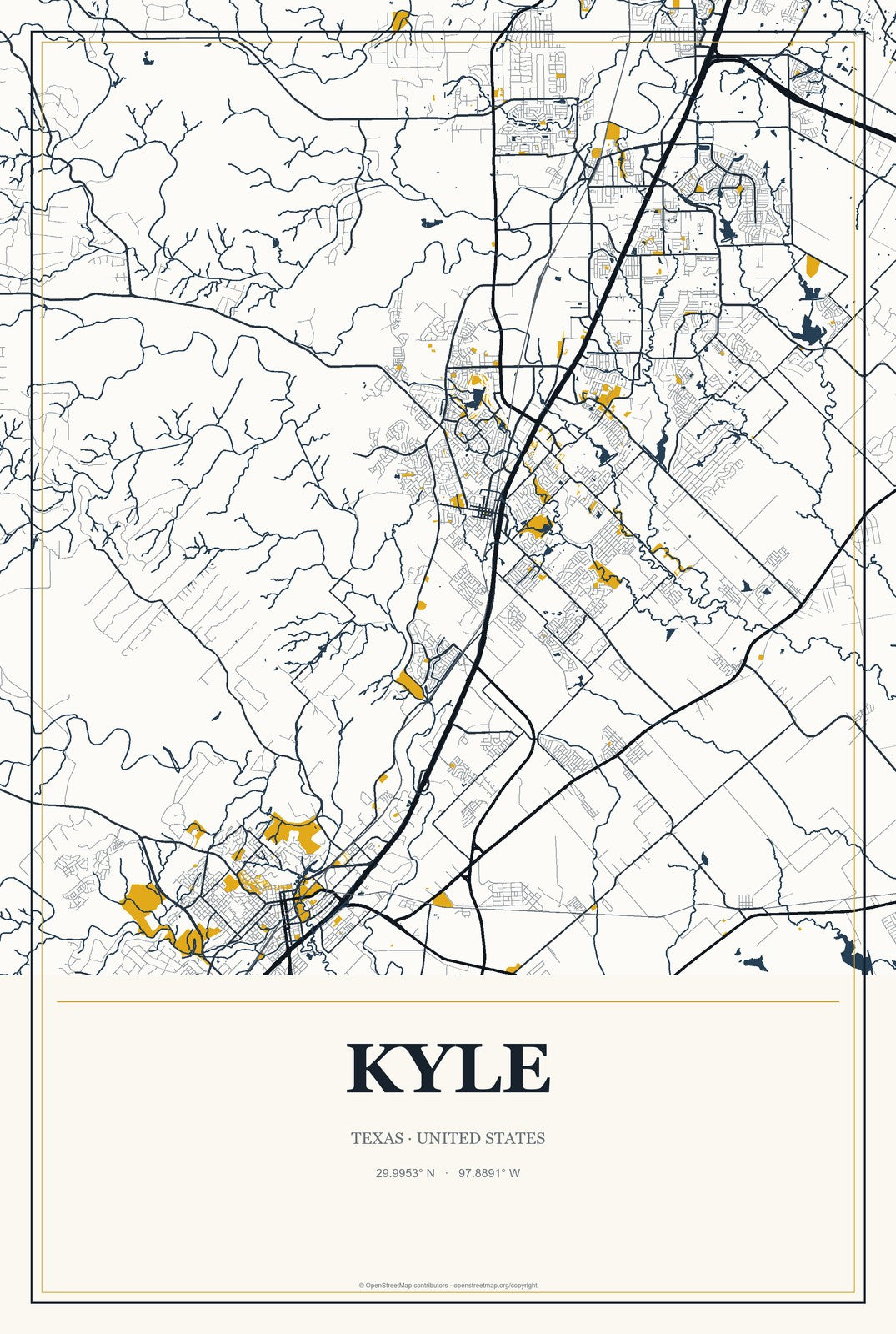 Kyle, Texas City Map Aluminum Sign in Citrine Modern style