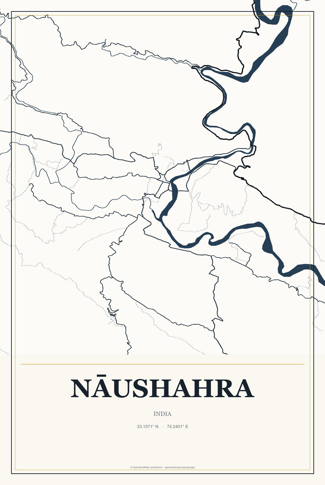 Nāushahra, India City Map Aluminum Sign in Citrine Modern style