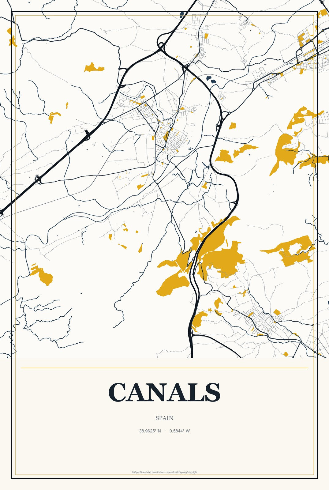 Canals, Spain City Map Aluminum Sign in Citrine Modern style