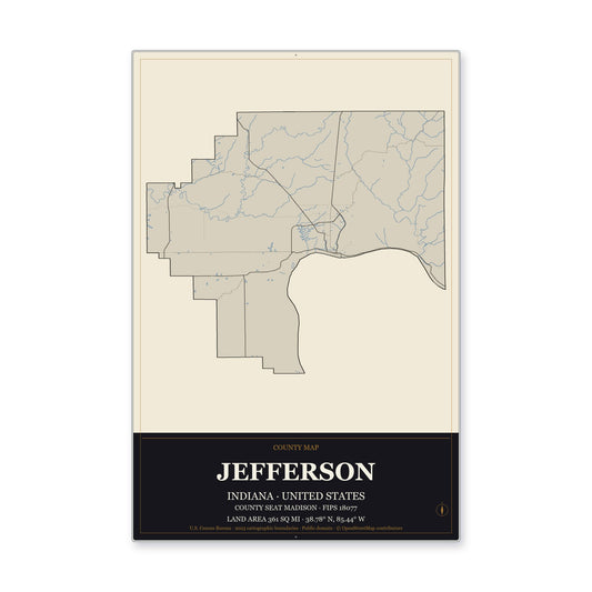 Jefferson County, Indiana Map Aluminum Sign in Museum Plaque style