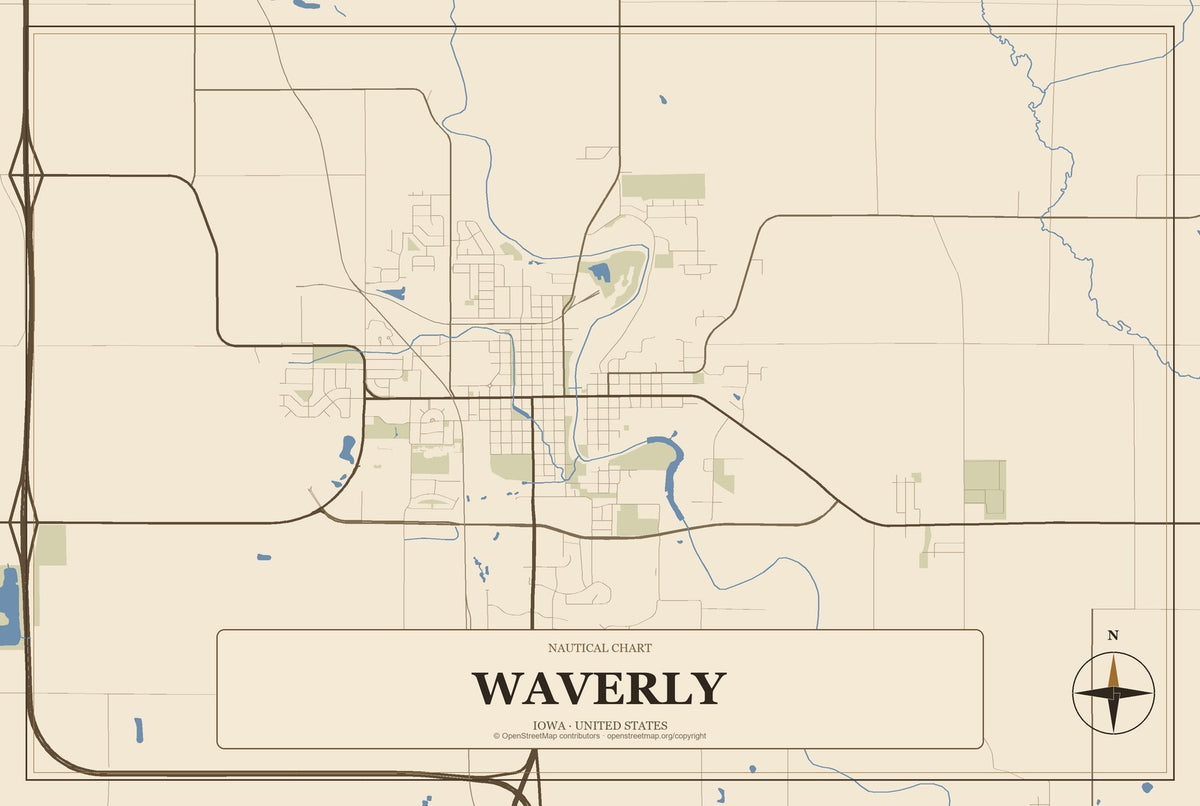 Waverly, Iowa City Map Aluminum Sign in Heritage Nautical style