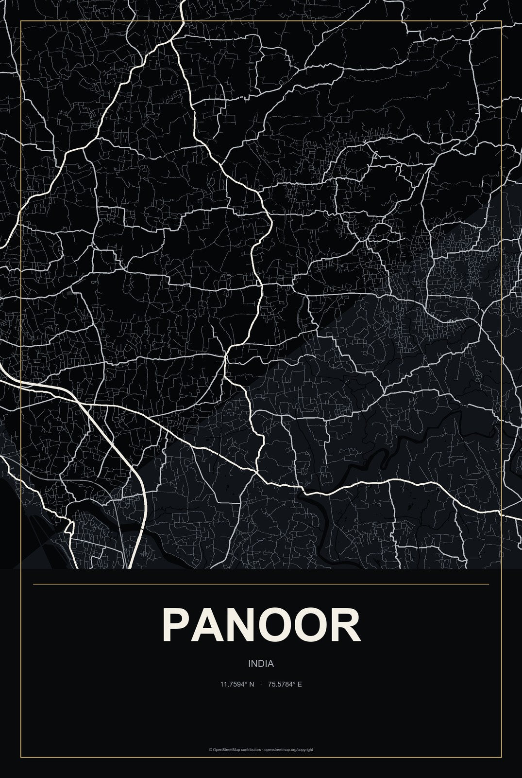 Panoor, India City Map Aluminum Sign in Metropolitan Noir style