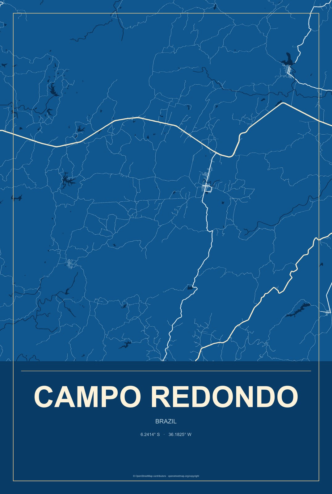 Campo Redondo, Brazil City Map Aluminum Sign in Harbor Cobalt style