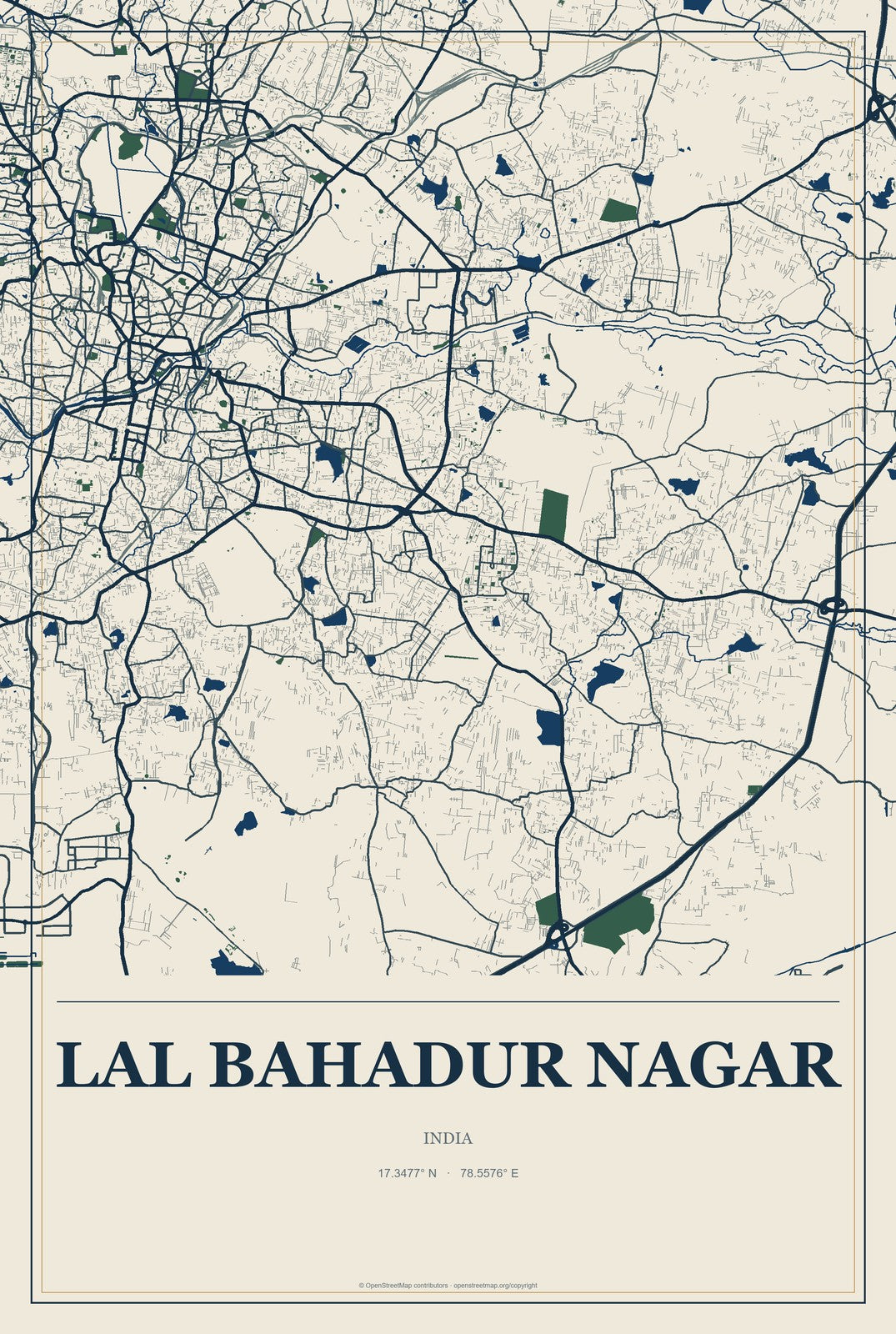 Lal Bahadur Nagar, India City Map Aluminum Sign in Coastal Cutout style