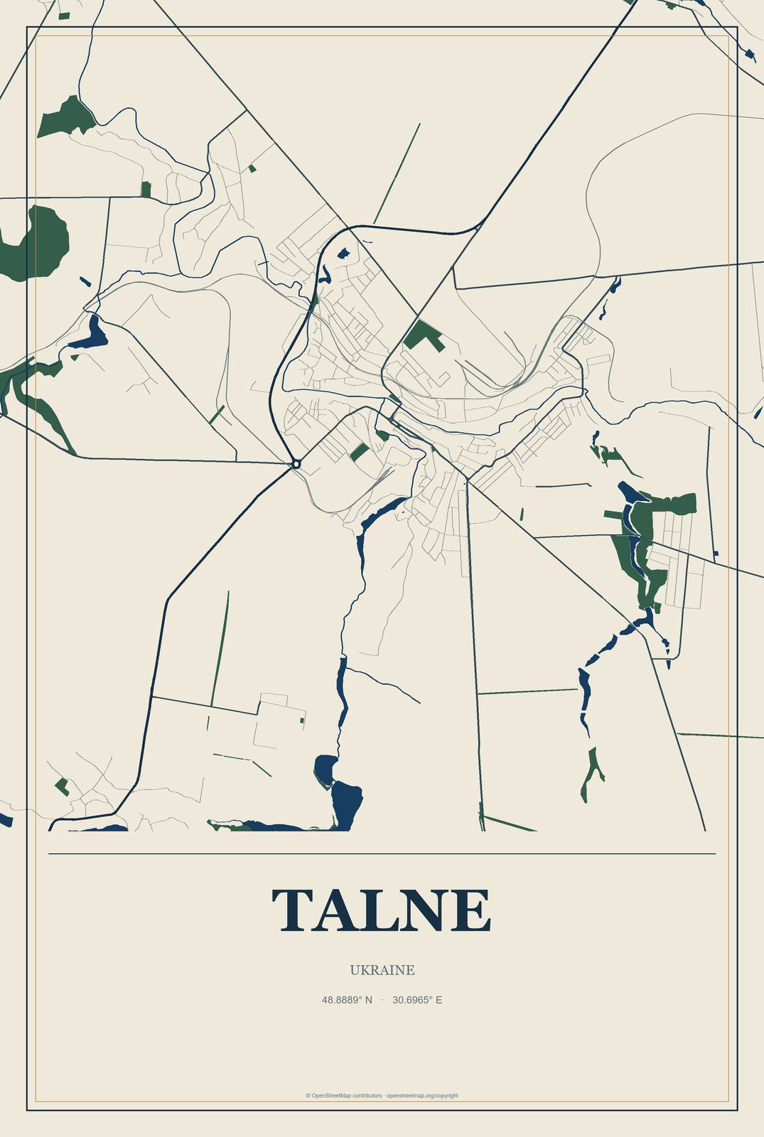 Talne, Ukraine City Map Aluminum Sign in Coastal Cutout style