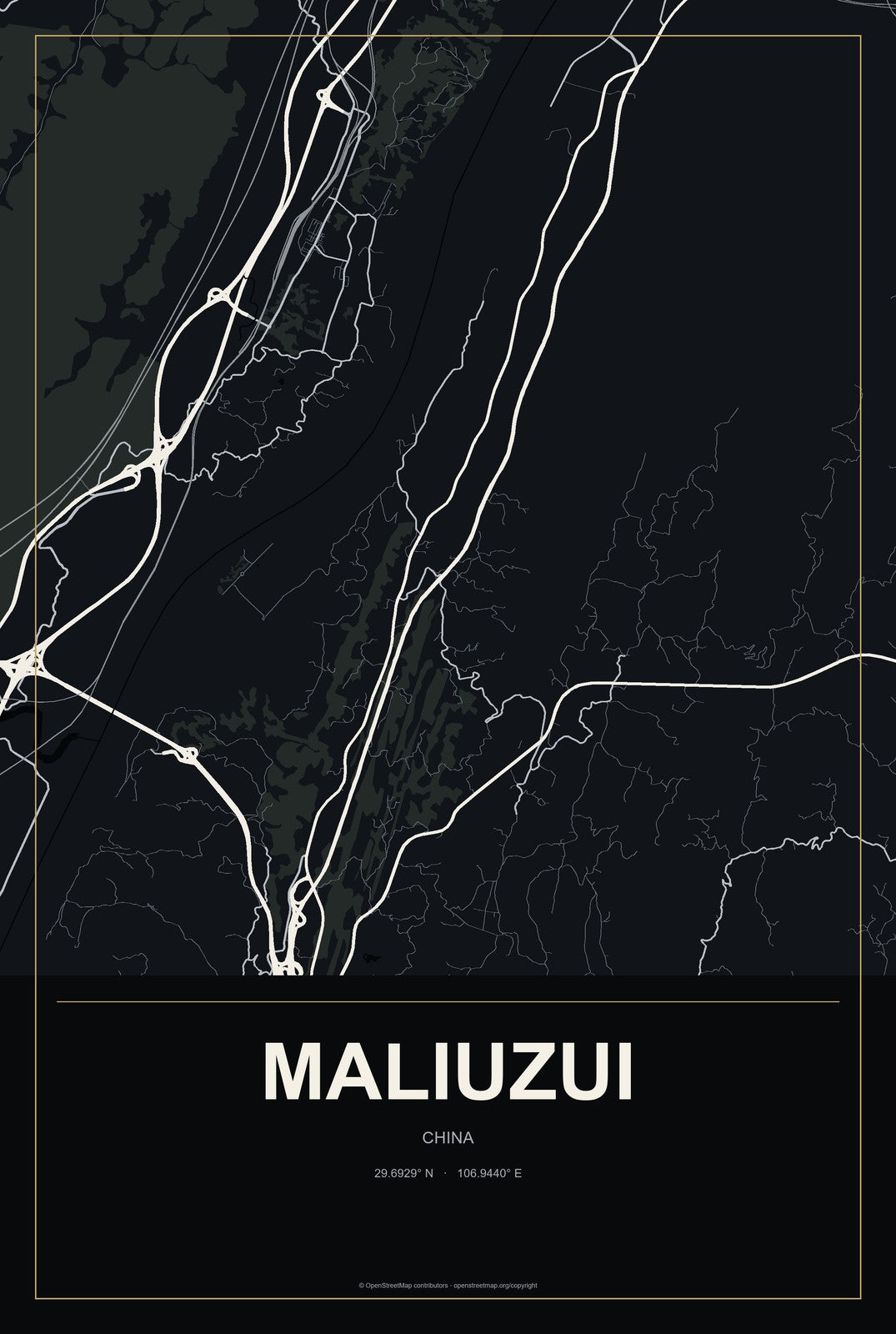 Maliuzui, China City Map Aluminum Sign in Metropolitan Noir style